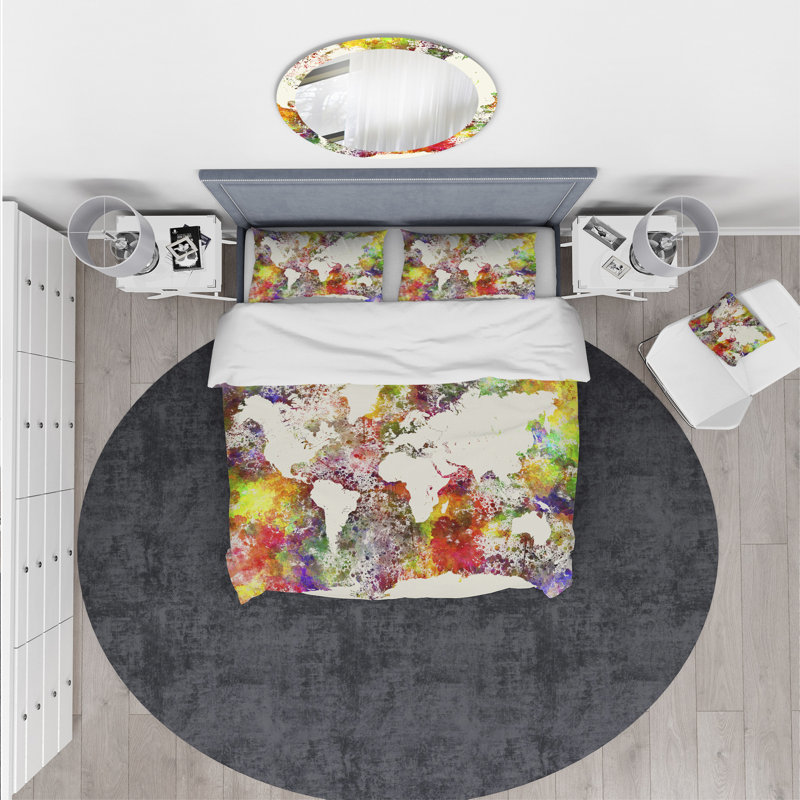 King Multicolor Microfiber World Map Duvet Cover Set