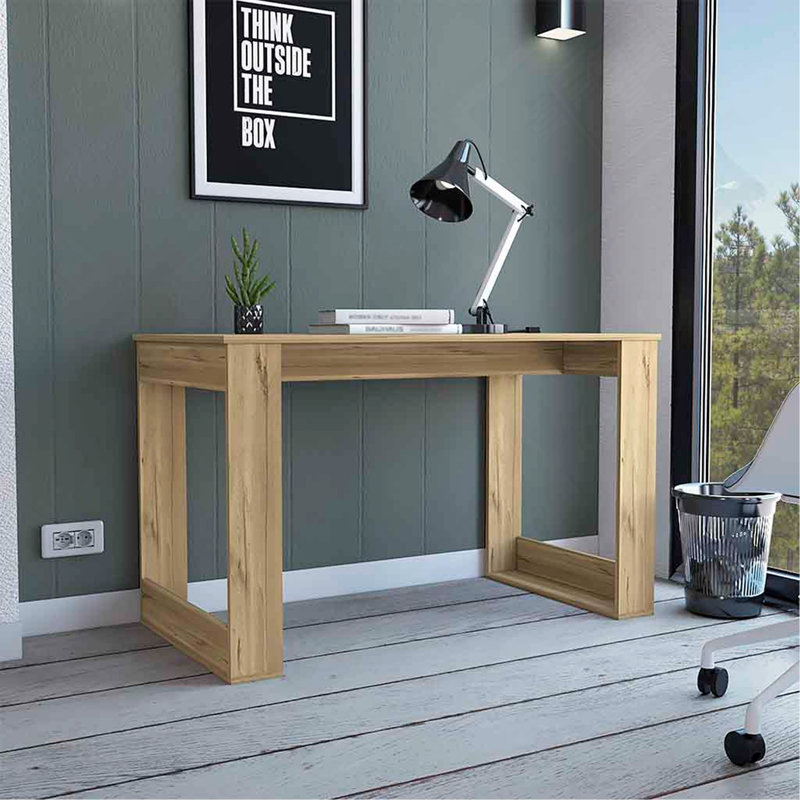 Bureau d'écriture avec grand poste de travail et pieds robustes, chêne clair, Beige