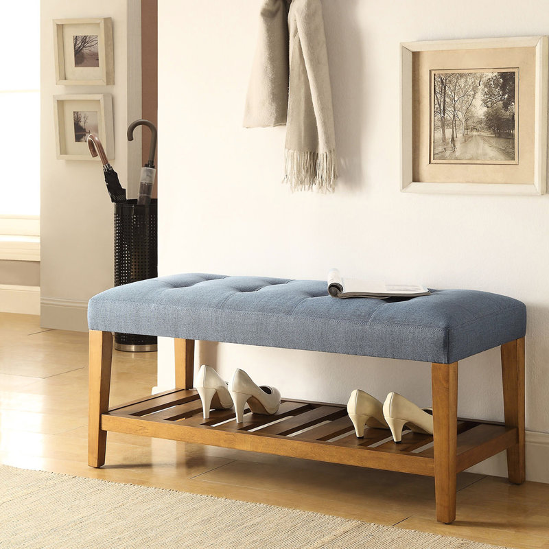 Banc bleu avec plateau en bois composite de chêne et option de rangement