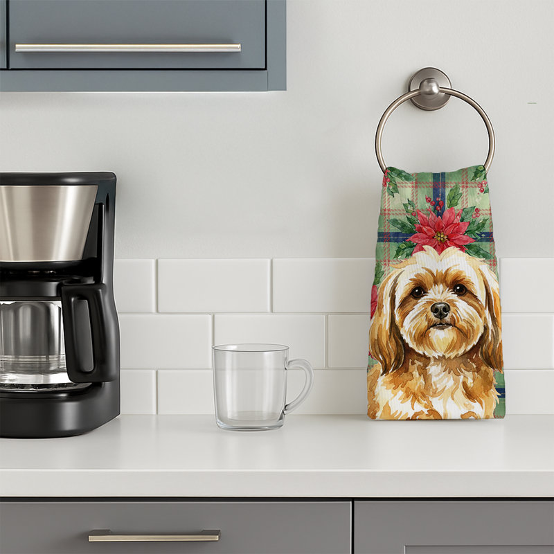 Gold Lhasa Apso Christmas PoinsettIas Kitchen Towel, Gold Lhasa Apso