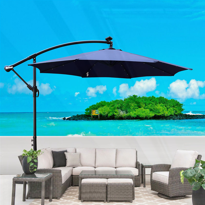Parasol de terrasse 10 pi à énergie solaire avec éclairage à DEL et marché imperméable, Marine
