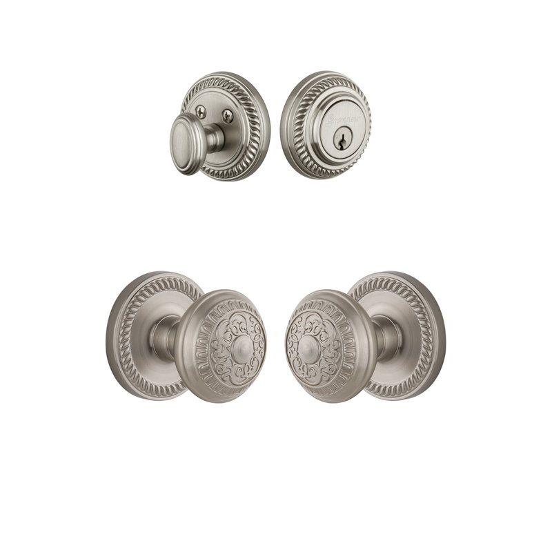 Ensemble d'entrée complet Newette Rosette avec pêne dormant cylindrique simple et bouton Windsor, Nickel satiné
