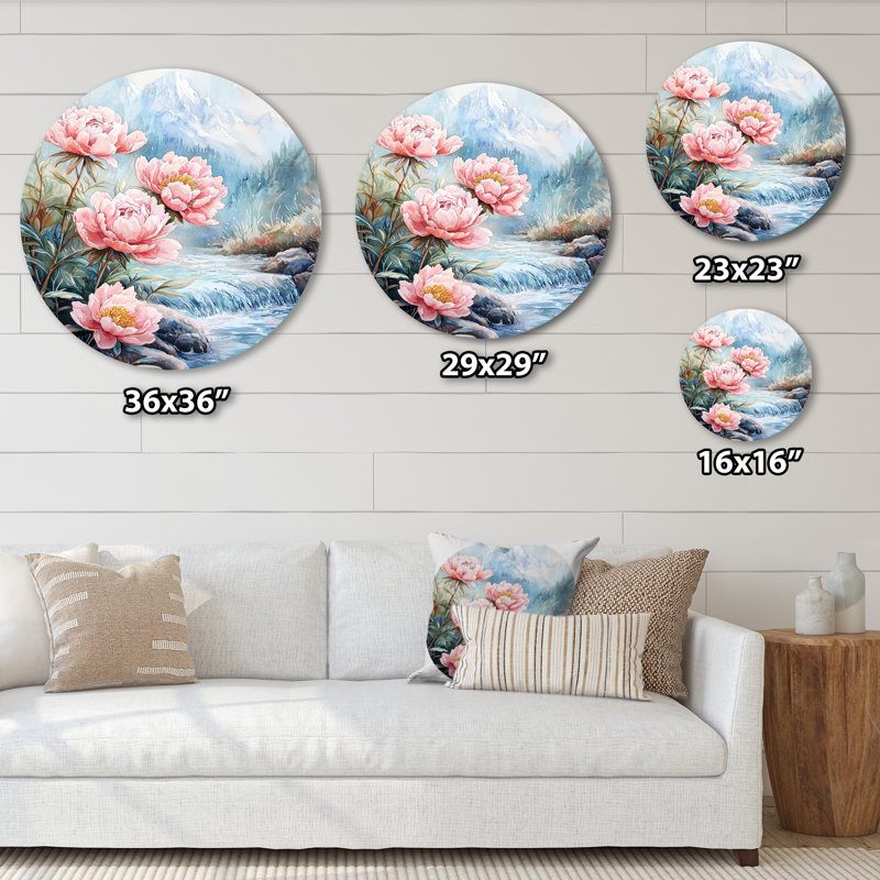 Ulrike - pivoines, art mural rond en métal, H 29 po x l 29 po