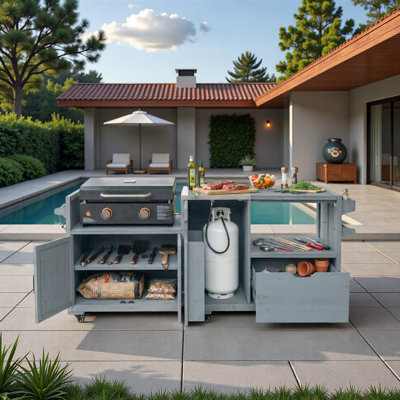 Îlot de cuisine extérieur avec plateau en acier inoxydable, tiroir, table d'appoint réglable, porte-serviettes en papier et support à épices