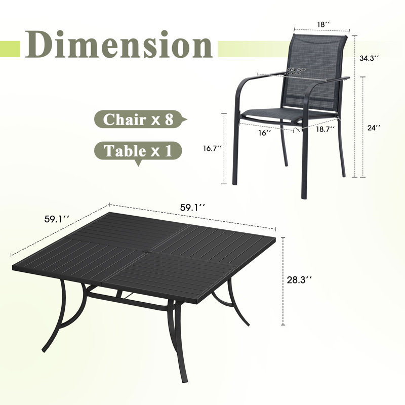 Ensemble repas pour 8 personnes avec chaises empilables PVC-coated polyester, Noir/gris