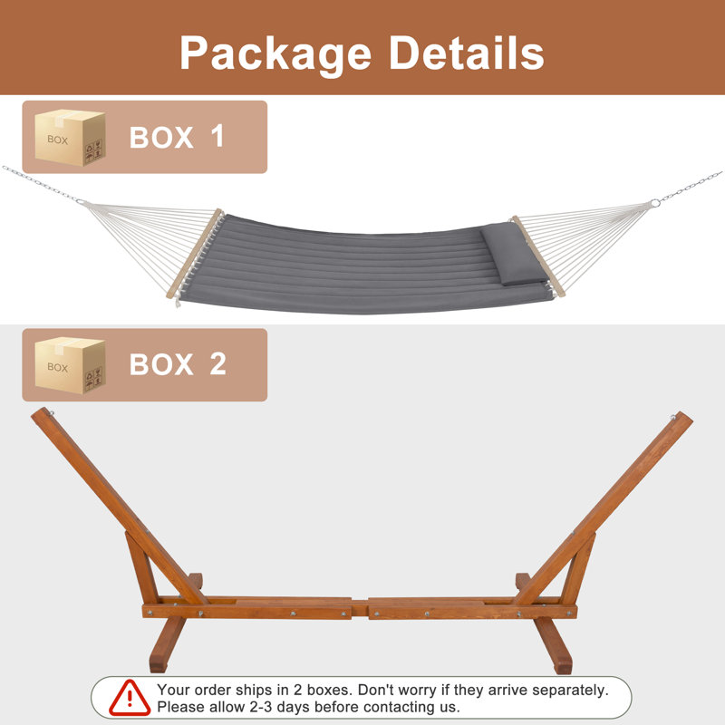 Hamac double matelassé pour 2 personnes avec support de hamac réglable en bois de 12 à 14 pieds, Gris foncé