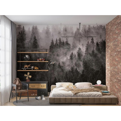 Black And White Fog Forest Wall Mural, Moody Misty Pine Trees Wallpaper, Dark Nature Landscape Design