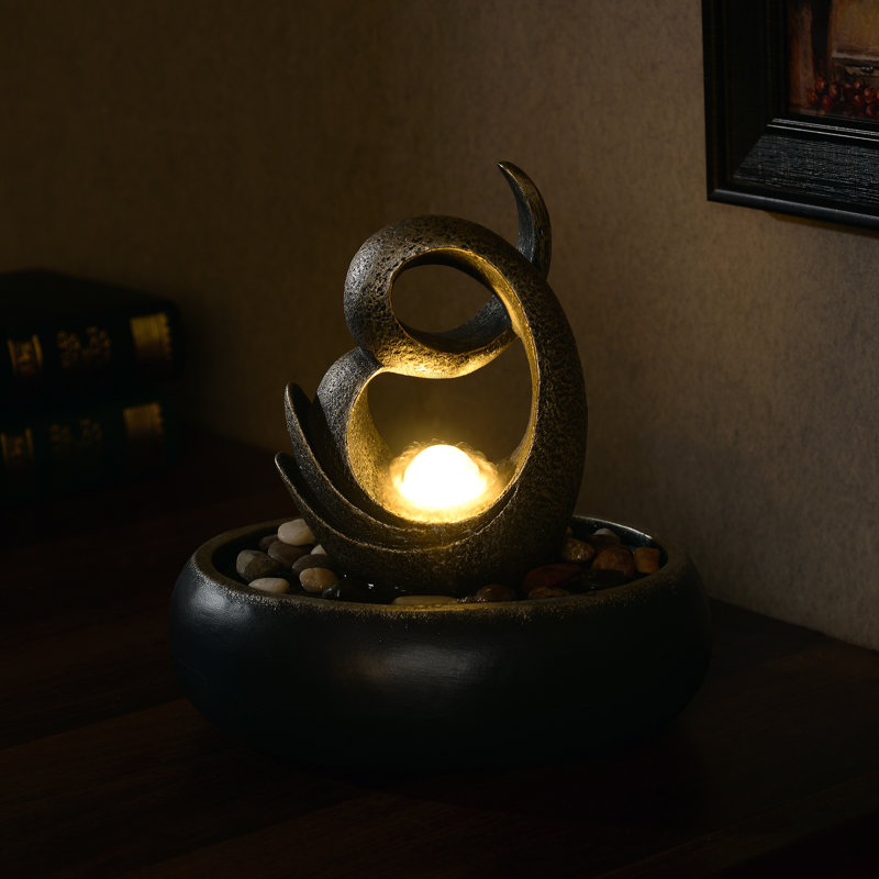 Charcoal Polyresin Tabletop Fountain with LED Light