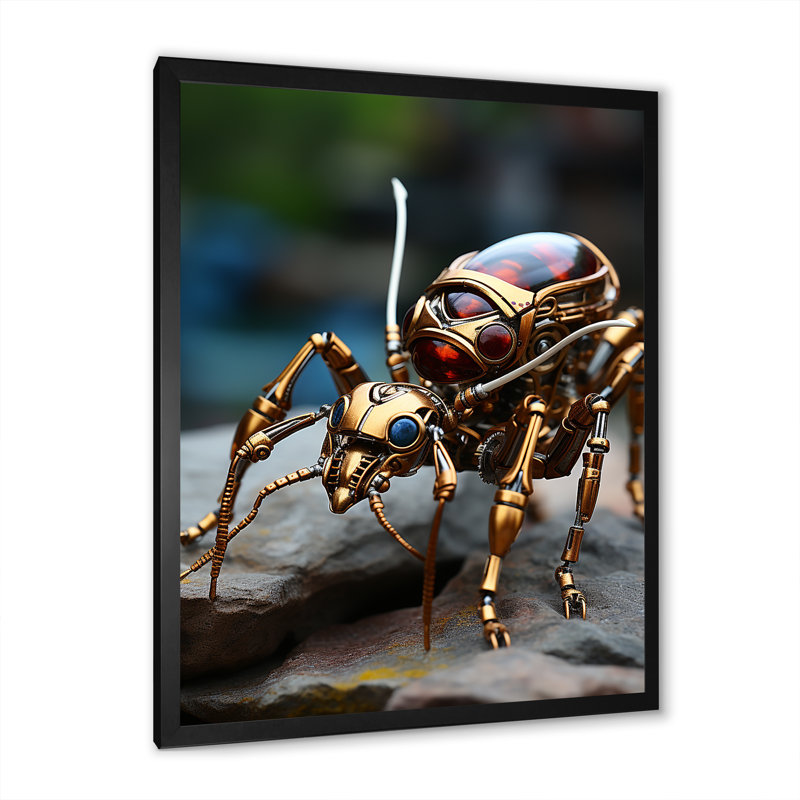 Travailleur métallique, fourmi bronze sur toile, Cadre simple noir, H 40 po x l 30 po x P 1,5 po