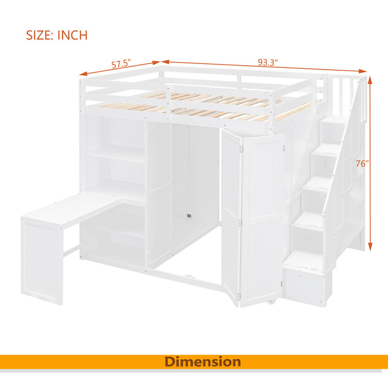 Lit mezzanine double avec garde-robe, bureau et tablettes, Blanc