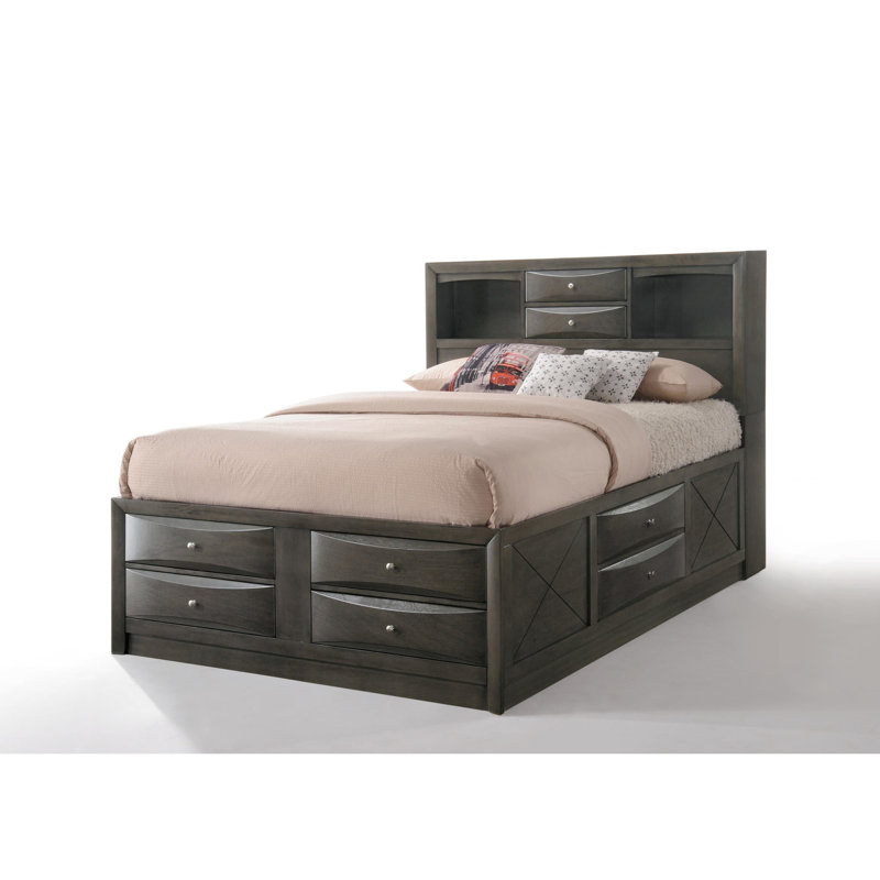 Grand lit en chêne gris avec rangement - 8 tiroirs, tiroirs à cadre en placage de bois sans sommier, carton gris, tête de lit à profil bas