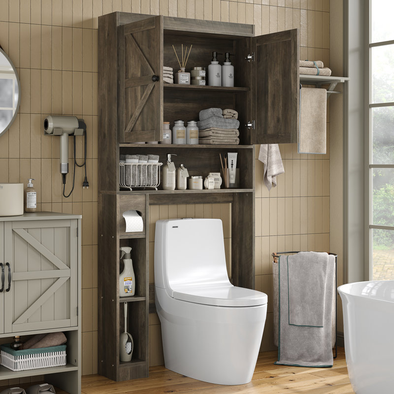 Laxmy Freestanding Over-the-Toilet Cabinet with Adjustable Shelves, Gray/Antique Brass