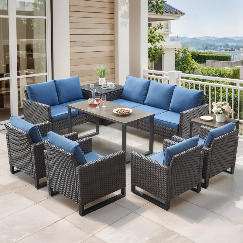 Ingvald All-Weather Wicker Outdoor Patio Conversation Set Seating Group With Lounge Chairs, Blue