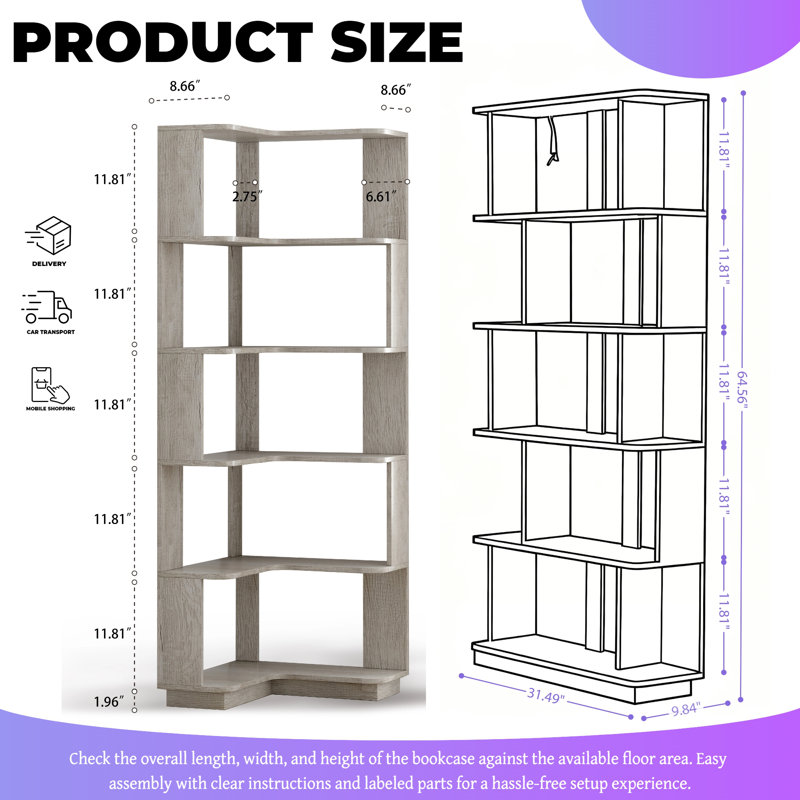 2-Piece Space-Saving Corner Bookshelf Set, Free Combination, Flexible Assembly For Home Office, Light Gray