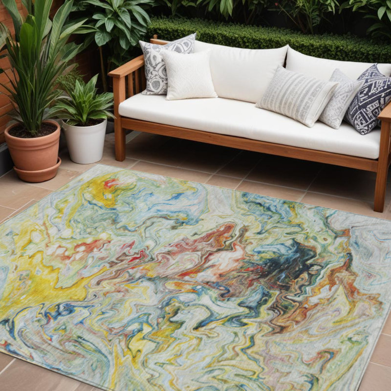 Tapis intérieur lavable abstrait ivoire 9 pi x 12 pi bleu et jaune