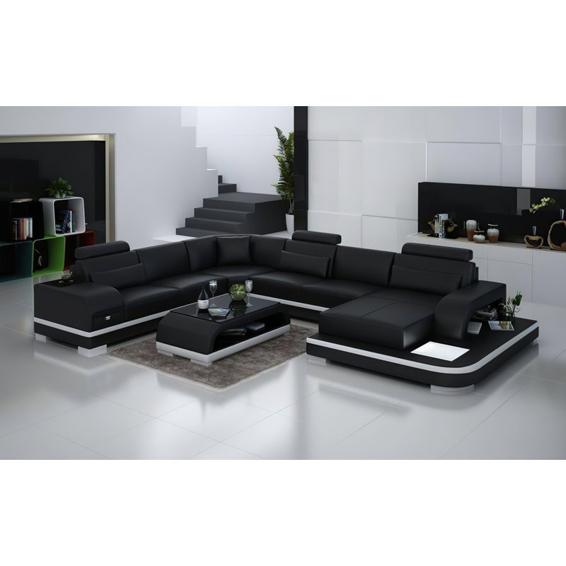 Canapé modulaire en cuir Ariyani, Face à la droite, Noir / blanc
