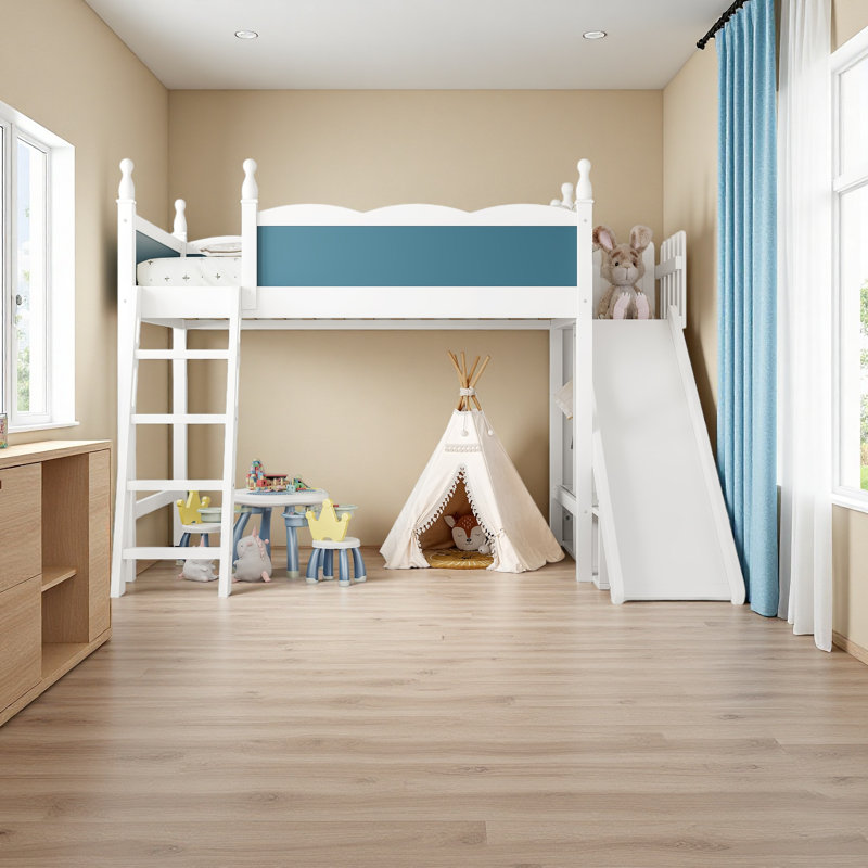 Lit mezzanine simple avec tablettes de rangement et garde-robe, Lit simple, Bleu