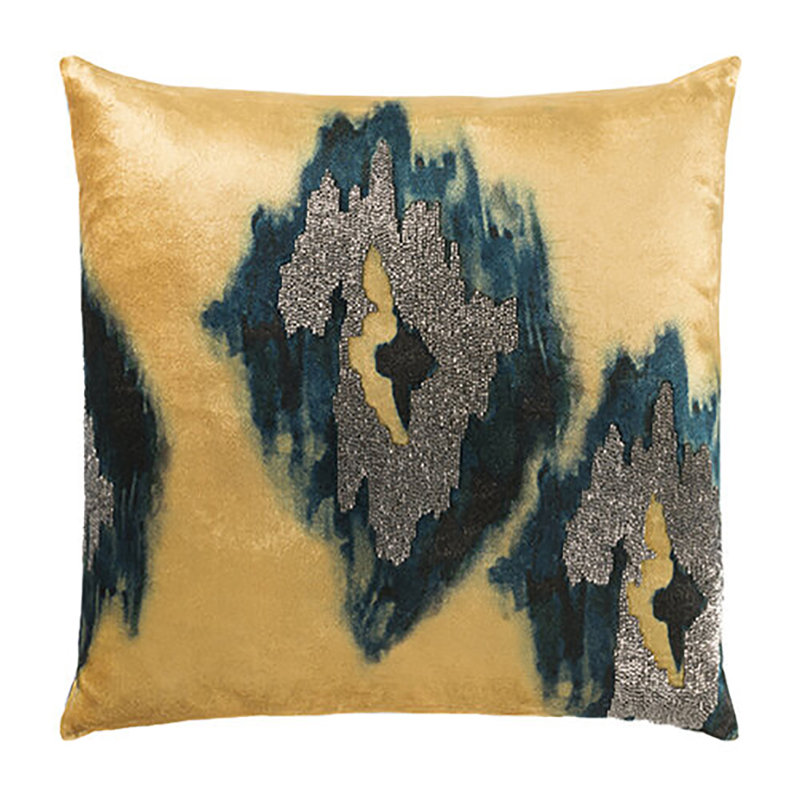 Housse de coussin et insert Jade Ikat, Jaune / bleu marine / argent, H 22 po x l 22 po, Carré