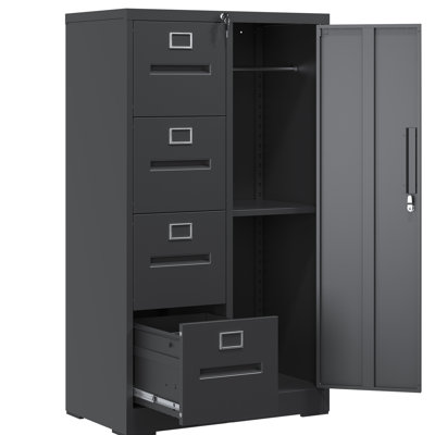Black Steel File Locker, 4 Drawers, Silent Tracks, Easy Assembly, Right - Side Storage For Office Supplies Metal Filing Cabinet With Drawers And 1 Door, Black, , Smooth Operation, High Security
