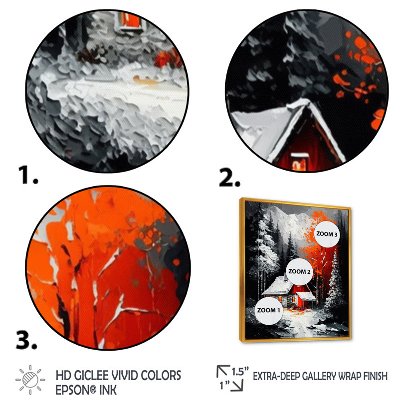Monochère orange chalet en hiver I - paysage, art mural sur toile, H 20 po x l 12 po x P 1 po, Cadre flottant doré