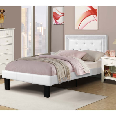 Glamours Style Twin Size Bed Diamond Tufted Padded Headboard Middle Support Legs White Finish Bedroom Furniture