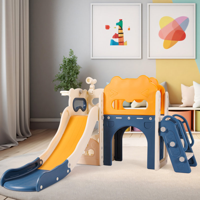 8 in 1 Large Toddler Slide w/Long Slope, Enclosed Steps, Telescope, Basketball Hoop, Tunnel, Blue/Yellow