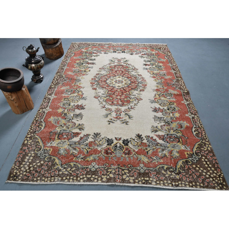 Grand tapis turc rétro tissé à la main, parfait pour rafraîchir le décor de votre salon - rouge / beige
