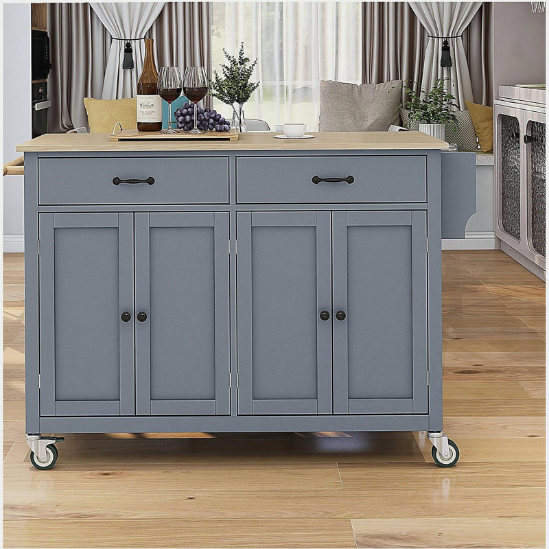 Kitchen Island Cart with Solid Wood Top and Locking Wheels,54.3 Inch Width,4 Door Cabinet and Two Drawers,Spice Rack, Towel Rack (Grey Blue)