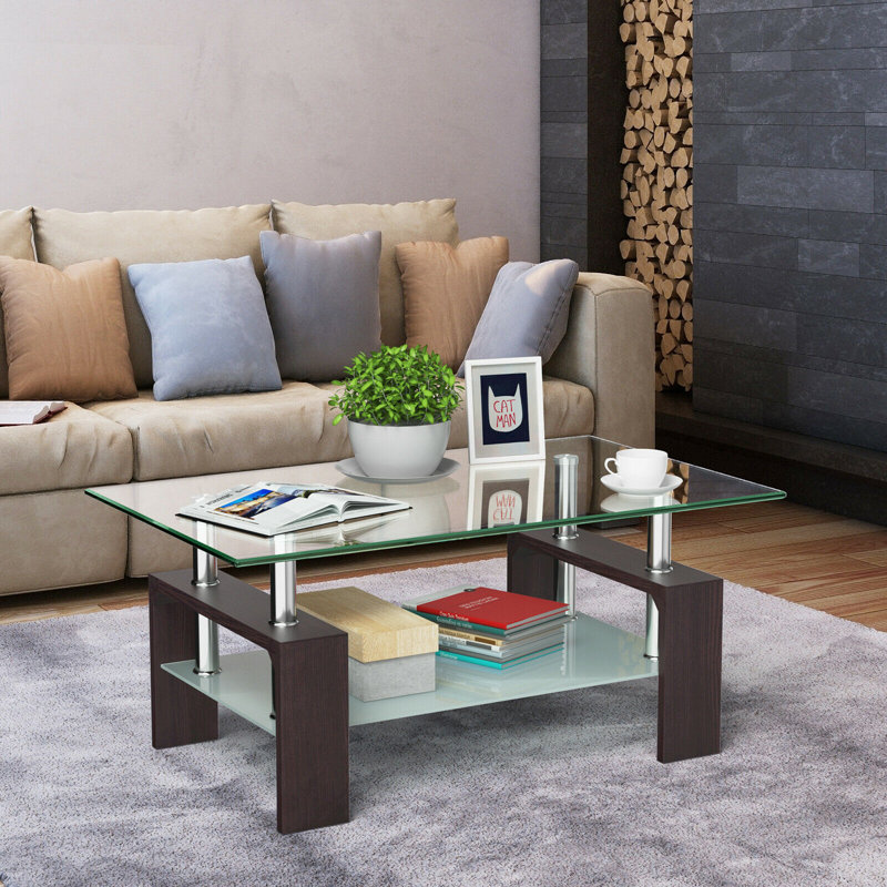 Rectangular Tempered Glass Coffee Table with Shelf, Dark Brown, Clear