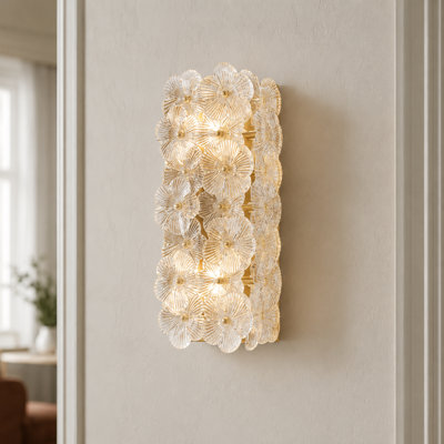2-Light Gold Wall Sconce With Textured Clear Floral Glass Shades