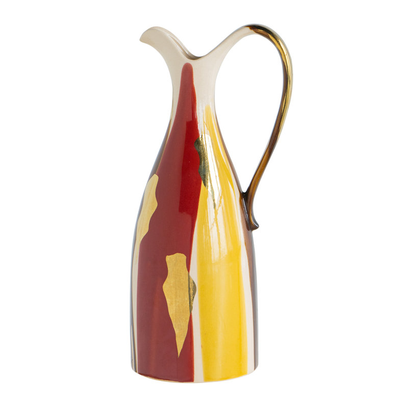 Vase en céramique avec une finition abstraite multicolore, H 16,3 po x l 7,1 po x P 6,1 po, Rouge / jaune / blanc