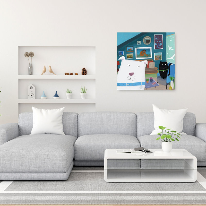 Cozy Dog Cat Home Playful Contemporary Bird Cat Dog Architecture Wall Art Print by Carla Daly - Wrapped Canvas Print