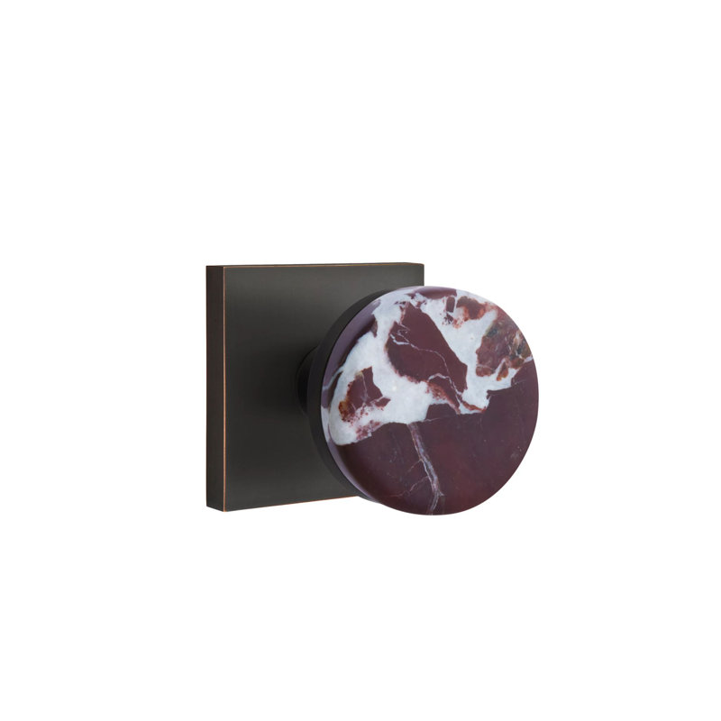 Emtek Select Privacy Knobset w/ Square Rosette & Conical Stem, Rosso Levanto Marble Knob (CF), Oil Rubbed Bronze