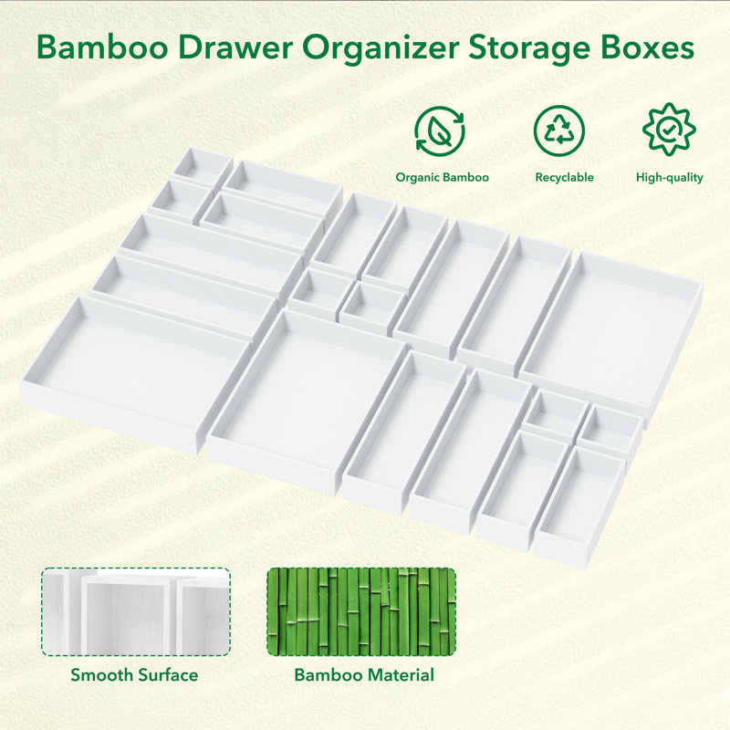 21-Piece Bamboo Drawer Organizer Set, Multi-Use Wood Tray Divider Bins for Kitchen, Bathroom, Office Desk and Makeup Organization