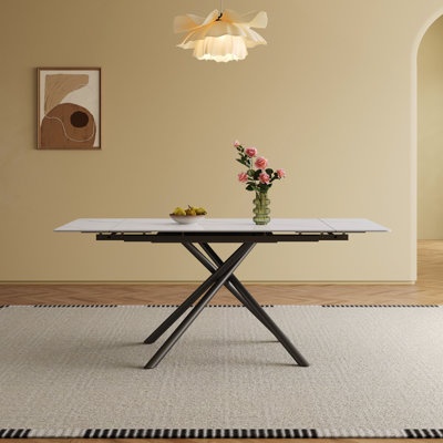 Retractable Sintered Stone Dining Table, Modern Rectangular Design, With Black Carbon Steel Legs At The Bottom, 71" Suitable For 6-8 Seats
