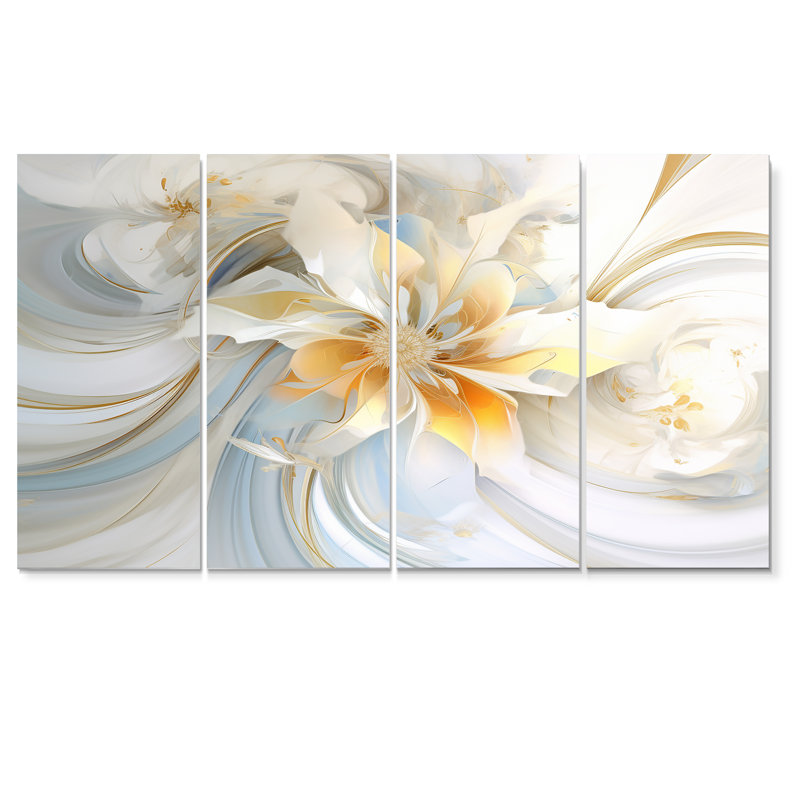 «White Abstract Flower Of Serene P pureté», art mural moderne sur toile 4 pièces, H 32 po x l 64 po