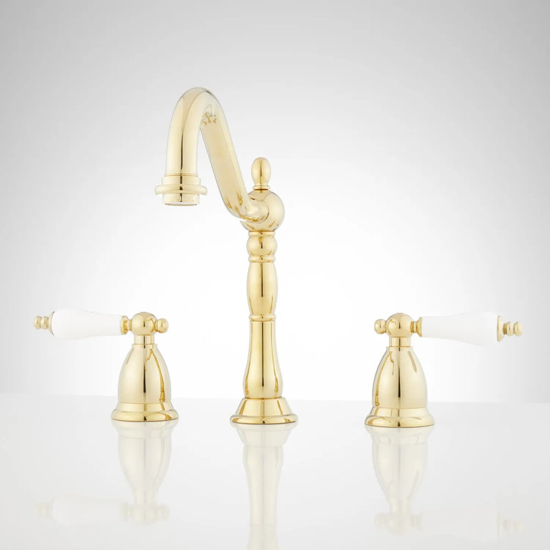 Victorian Widespread Bathroom Faucet with Porcelain Lever Handles, Polished Brass