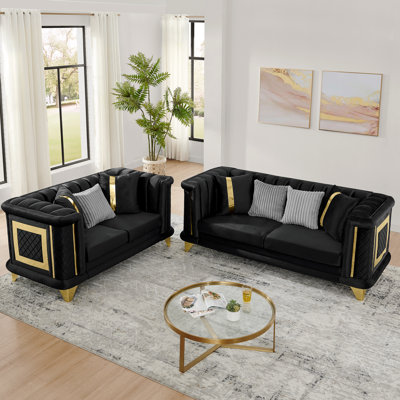 Ensemble de canapé de luxe en velours avec garnitures dorées, texture brodée, conception capitonnée, coussins en mousse à mémoire de forme et revêtement de qualité supérieure pour le confort et le style du salon.