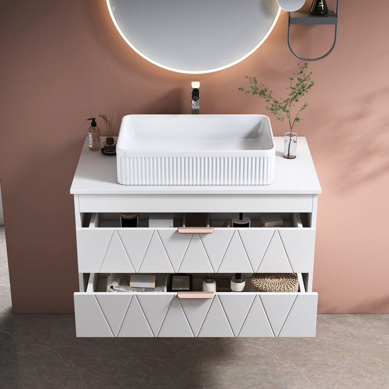 Meuble-lavabo flottant de 31,5 po avec lavabo en céramique, bois massif, tiroirs à losanges, poignées en or rose pour petit lavabo et rangement contemporain - poignées, élégance