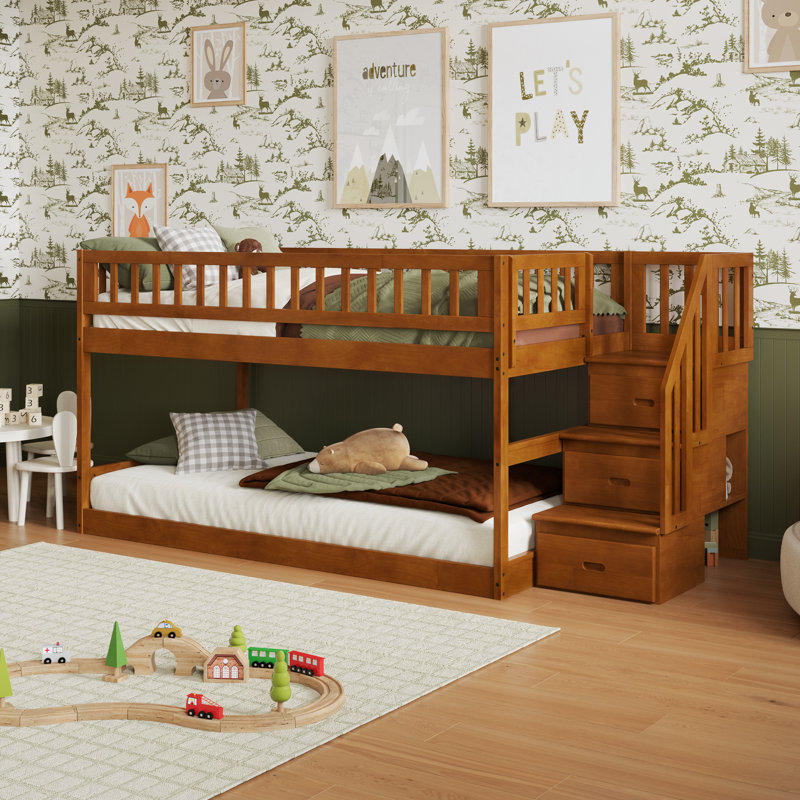 Malibu Wood Low Staircase Bunk Bed, Twin over Twin, Teak