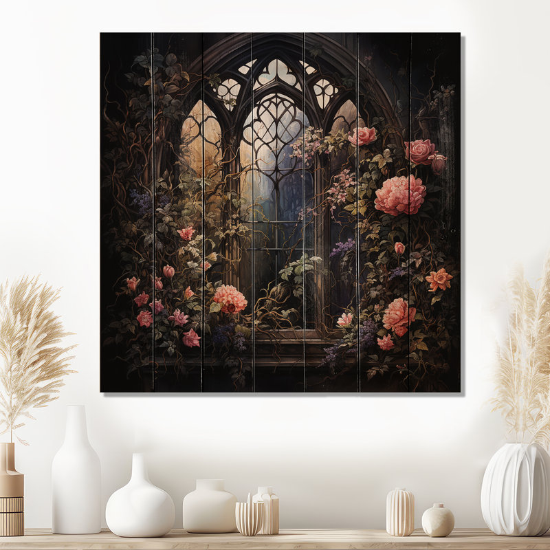 «Floral Gothic Church Church View II» - fenêtre florale sur bois, H 25 po x l 25 po