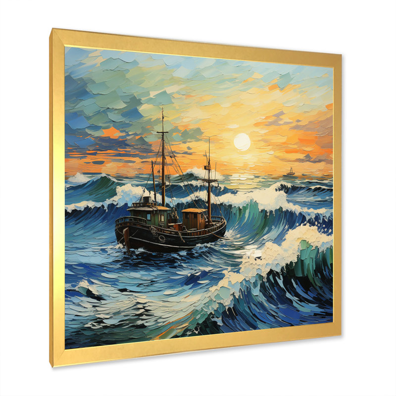 Vangogh paysage marin avec pêche en V, H 16 po x l 16 po x P 1 po, Cadre doré à une seule photo
