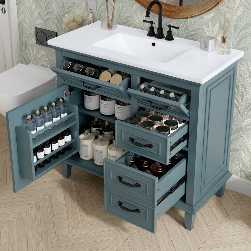 Meuble-lavabo de 36 po avec comptoir en céramique et meuble-lavabo autoportant en bois massif, Bleu