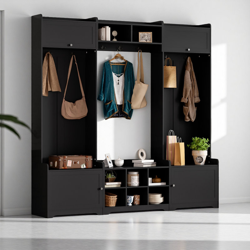 Arbre d'entrée de 79,1 po de largeur avec rangement pour chaussures, banc d'entrée 4 en 1 avec 8 casiers, 7 crochets à manteau et tablette réglable pour le couloir, le salon