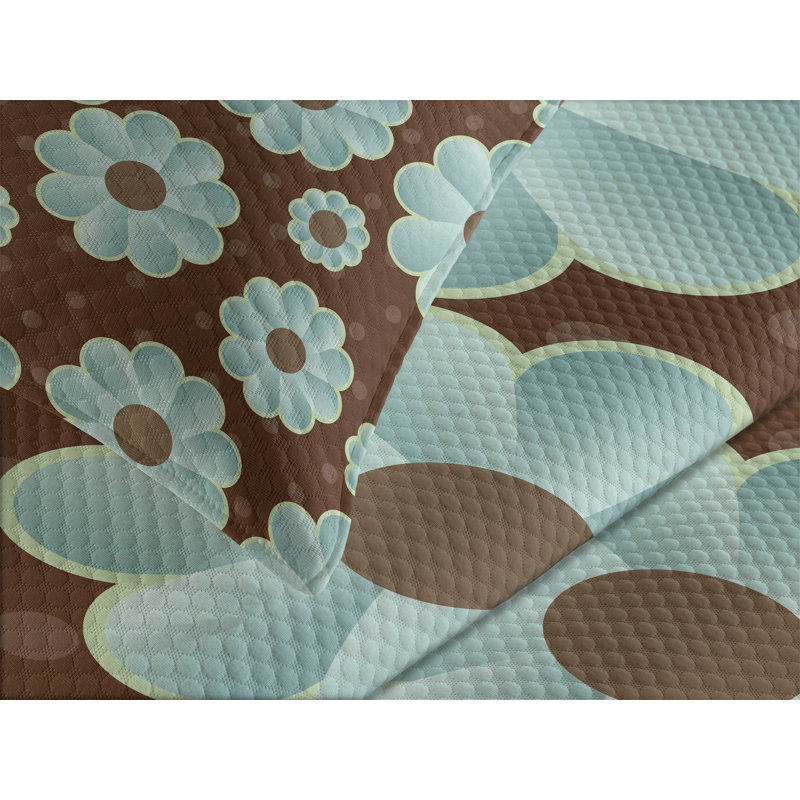 Brown and Blue Floral Queen Quilted Bedspread Set