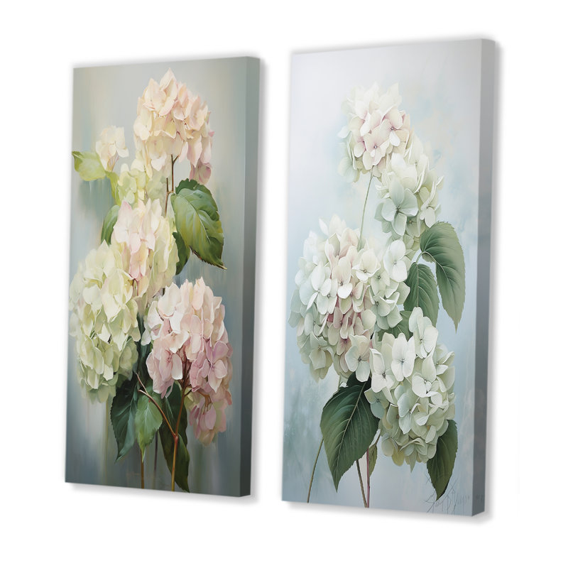 Hortensias blanches et blanches «Whispering Blooms» - 2 pièces, H 40 po x l 40 po, Toile tendue