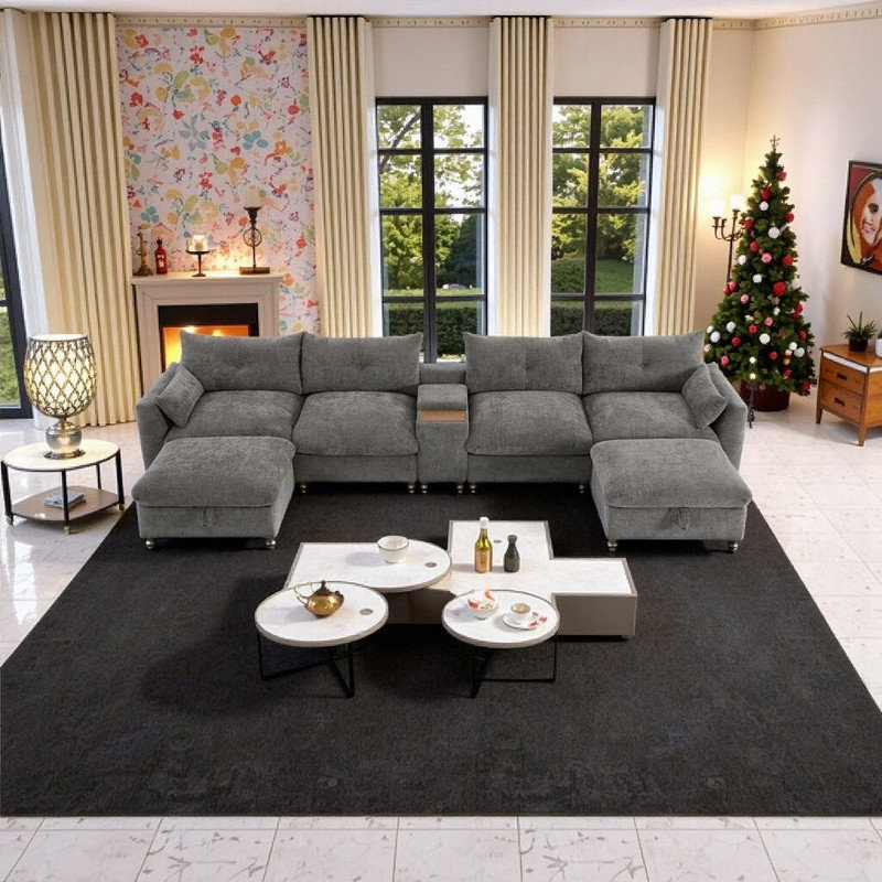 Canapé modulaire en chenille modulaire de 136 po en U avec console et repose-pieds avec rangement, Gris