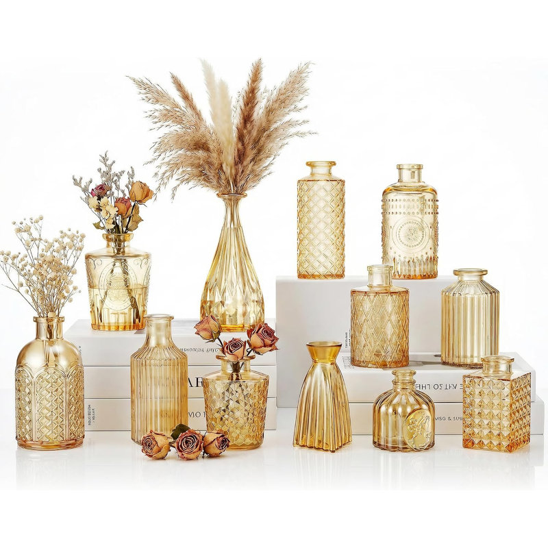 Ensemble de 12 petits vases à bourgeons transparents, style vintage, en verre, de formes variées, parfaits pour les centres de table de mariage rustiques, la décoration de table et la décoration intérieure (12, doré)