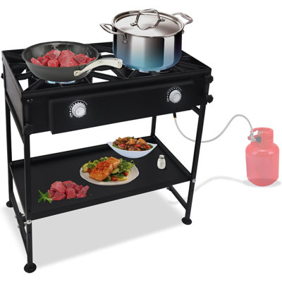 2 Burner Propane Stove Outdoor Gas Stove -150,000 High Btu Propane Burner Camping Stove W/Detachable Legs & Bottom Shelf Double Burner Propane Stove Outdoor - W/Csa-Approved 0-20 Psi Regulator & Hose.