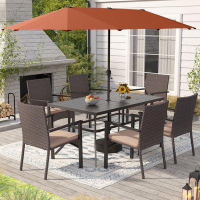 Ensemble de 8 chaises de patio, 6 fauteuils et table rectangulaire, parasol inclus